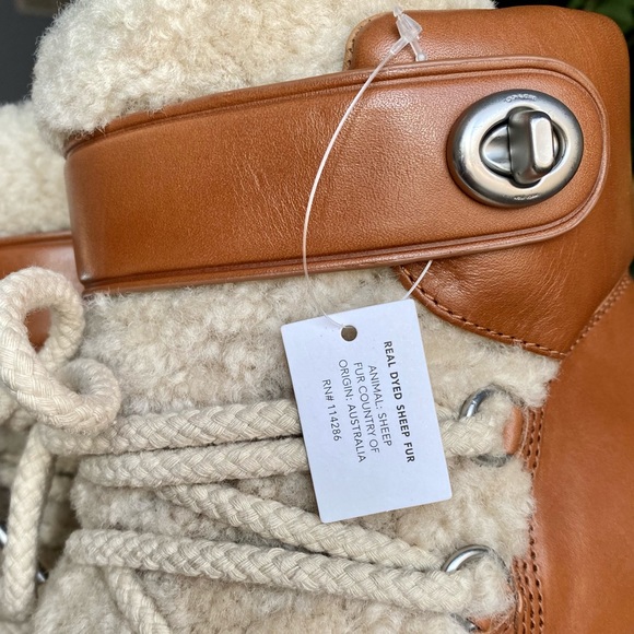 Coach Monroe Shearling Lace Up Wedge Booties, Saddle/Natural - Picture 8 of 10